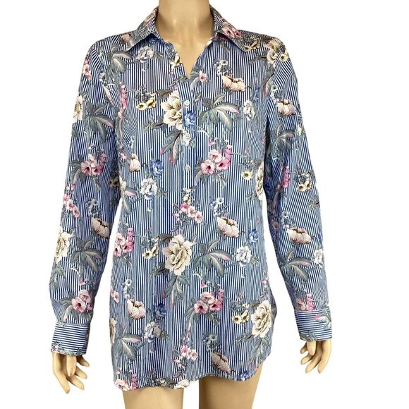 Talbots Button-Up‎ Blouse Size Medium Top Floral Blue & White Pink - Picture 1 of 8